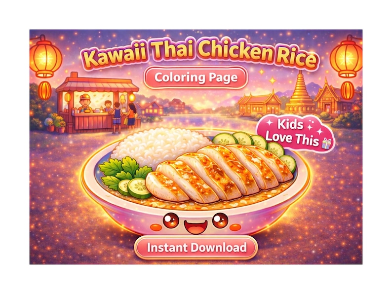 Kawaii Thai Chicken Rice Coloring Page | Khao Man Gai Food Art (digital ...
