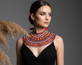 Handmade Beaded Necklace, Ukrainian Ethnic Beadwork, Red Beaded Statement Collar, Traditional Folk Jewelry