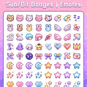 May include: A set of 48 pixel art badges and emotes in pink, blue, yellow, and white. The emotes include animals, stars, hearts, wings, and more. The text "Twitch | Discord Sub/Bit Badges | Emotes" is at the top of the image. The text "CHERUBI110 ON ETSY CHERIISODA ON TUMBLR" is at the bottom of the image.