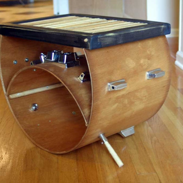 upcycled bass drum and used drumsticks side/coffee table ... the donny