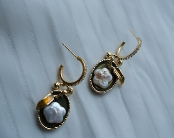 Elegant Handmade Gold Hoop Drop Earrings with Baroque Pearl and Leaf Charm, Unique Statement Jewelry for Women, Dangle Earrings Gift Idea