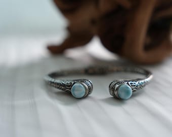Handcrafted Sterling Silver Cuff Bracelet with Larimar Gemstone Ends, Vintage Boho Jewelry, Adjustable Artisan Tribal Bangle for unisex