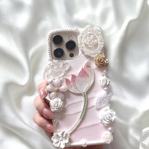 Handmade Decoden iPhone Case: 3D Pink Lotus, Pearls & Roses
