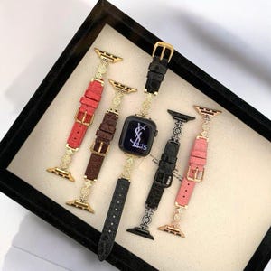 Luxury Leather Apple Watch Bands with Gold Buckles, Elegant Strap Set for Women, Available in Red, Brown, Black, and Pink
