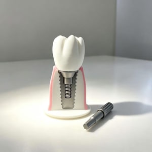 May include: A dental implant model featuring a white tooth crown attached to a metallic screw post, embedded within a cross-section of pink gum tissue on a white base, accompanied by a separate small metallic screwdriver tool for assembly.