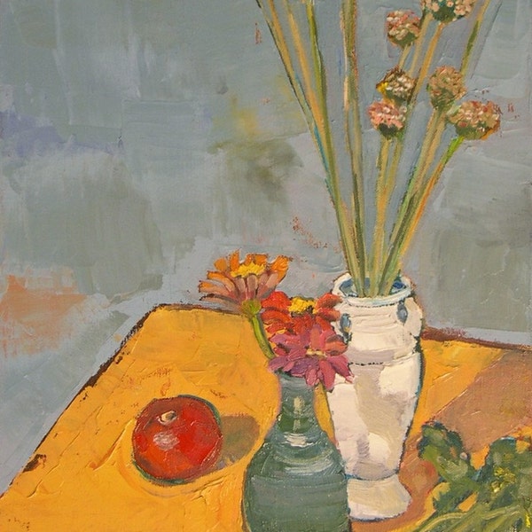 Carrots and Zinnias- 12x24 Original Oil Painting on Canvas-Sale Price, Still Life