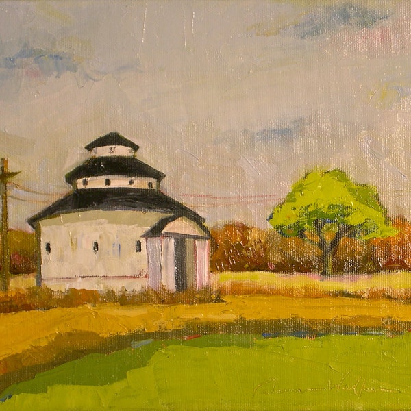 The Round Barn- 8x10 Original Oil Painting on Canvas- White, Barn, Farm Landscape