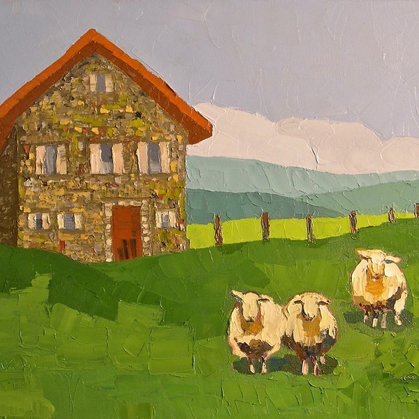 Sheep at the Stone Farmhouse- Landscape Painting- 16x20 Original Oil on Canvas