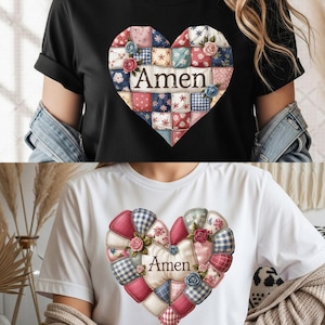 Peut inclure: T-shirt noir avec un motif en forme de cœur en patchwork rouge, bleu et blanc. Le mot "Amen" est imprimé au centre du cœur. Le deuxième t-shirt est blanc avec le même motif.