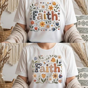 Peut inclure: T-shirt blanc avec le mot "Faith" dans un design floral. Le motif comprend des fleurs et des feuilles colorées, créant une esthétique joyeuse. Le t-shirt est un vêtement décontracté.