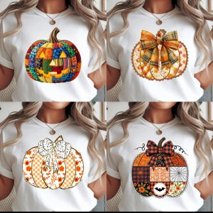 Peut inclure: T-shirts blancs avec des motifs de citrouilles colorées. Les citrouilles présentent divers motifs, notamment des patchworks, des nœuds écossais et des motifs floraux. Chaque motif a une tige unique et des éléments décoratifs.
