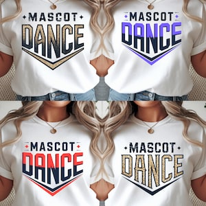 Peut inclure: T-shirts blancs avec l'inscription "MASCOT DANCE" dans différents coloris. Les motifs comprennent des lettres dorées, violettes, rouges et dorées à paillettes. Les chemises ont des manches courtes et un col rond.