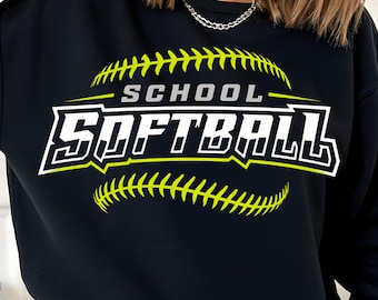 May include: Black sweatshirt with a softball design. The design features a softball with yellow stitching and the words "SCHOOL SOFTBALL" in white and yellow lettering. The sweatshirt is a crew neck style.