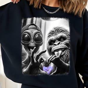 Bigfoot Alien T-Shirt Design PNG - Cryptid UFO Graphic Funny Love Heart Hands Paranormal Retro Digital Sublimation Space Monster Tee Art