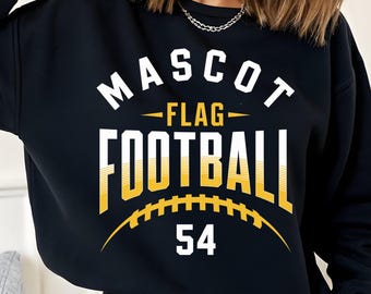 May include: Black sweatshirt with the words "MASCOT FLAG FOOTBALL" in white and yellow lettering. The number "54" is below the football graphic. The sweatshirt is a crew neck style.