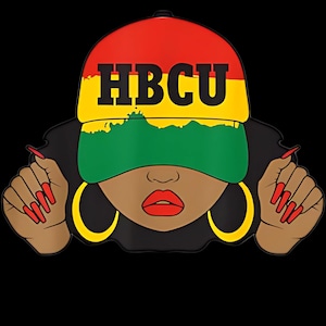 Peut inclure: Illustration d'une femme noire avec du rouge à lèvres rouge portant une casquette de baseball jaune, verte et rouge avec le texte "HBCU" sur le devant. Elle porte de grandes boucles d'oreilles en or et a du vernis à ongles rouge sur les ongles.