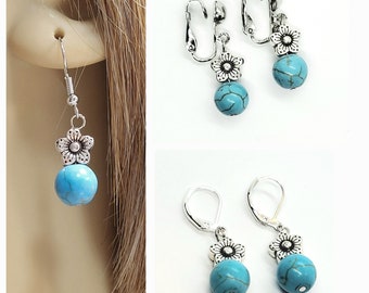 Turquoise Magnesite Drop Earrings,  Turquoise Flower Earrings, Floral Earrings, Clip on Drop Earrings