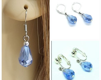 SALE! Light Blue Crystal Earrings, Clip on or Pierced, Blue Teardrop Earrings, Tiny Earrings, Wedding Earrings, Small Earrings