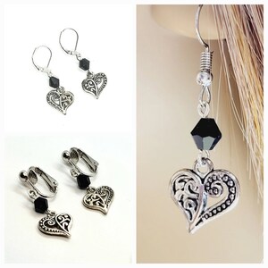 Heart Earrings, Valentines Day, Clip on Heart Earrings, Black Heart Earrings, Heart Jewelry,  Gift for Her, Comfort Earrings,Girlfriend Gift