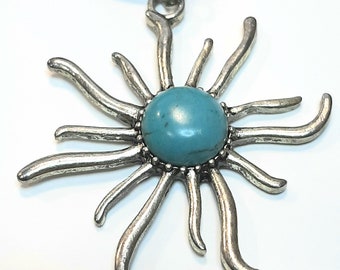 Turquoise Sunburst Pendant,  Magnesite Pendant,  Silver Sun Pendant,  Sun Necklace, Adjustable Necklace