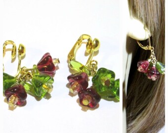 Fall Earrings, Pierced or Clip on, Green Earrings, Burgundy Earrings, Comfortable Clip on Earrings