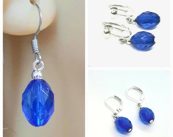 SALE! Blue Drop Earrings, Pierced or Clip on, Teardrop Earrings, Small Earrings, Small Blue Earrings, Something Blue Earrings, Gift for Her