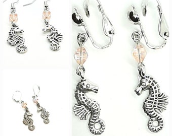 Seahorse earrings, Seashore Jewelry, Clip on Earrings, Leverback Earrings, Non pierced Earrings, Nickel Free Earrings, Comfort Clip ons