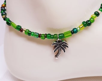 Handmade Palm Tree Anklet, Green Seed Beads, Beach Jewelry