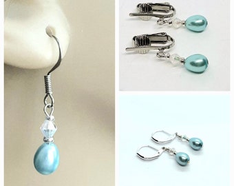 Tiny Pearl Earrings, Pierced or Clip on, Small Earrings, Petite Earrings, Light Blue Earrings, Small Pearl Earrings, Wedding Earrings