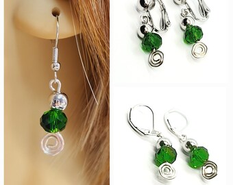 Green Crystal Earrings, Emerald Green Drop Earrings, Green Clip on Earrings, Leverback Earrings