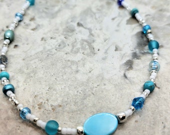 Anklet Aqua Blue,  Seaglass Anklet,  Mother of Pearl Anklet,  White Anklet, Adjustable Anklet,  Plus Size Anklet