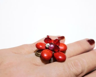 Red Flower Ring, Red Statement Ring, Big Red Flower Ring, Boho Ring, Hippie Ring, Gift for Her, Large Ring, Girlfriend Gift