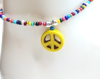 Anklet Multi-color Peace sign, Adjustable Anklet, Peace Sign Jewelry, Boho Ankle Jewelry