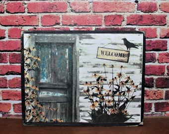 Old House Door Blackeyed Susans Welcome Primitive Rustic Wooden Sign Block Shelf Sitter Tiered Tray Sign