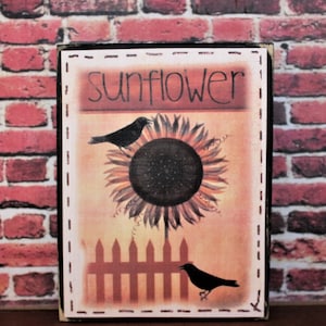 Big Sunflower with Crows Rustic Wooden Farmhouse Shelf Sitter Block Tiered Tray Sign