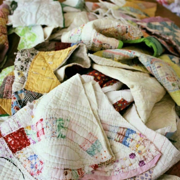 Vintage Handmade Patchwork Cutter Quilt Remnants Grab Bag One Half Pound Junk Journal Slow Stitch Ephemera Bowl Fillers Photo Prop