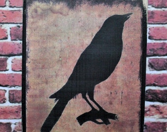 Primitive Old Black Crow Rustic Wooden Farmhouse Shelf Sitter Block Tiered Tray Sign