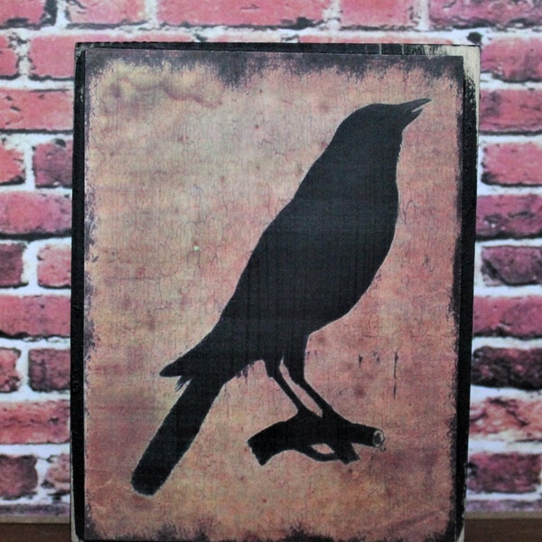 Primitive Old Black Crow Rustic Wooden Farmhouse Shelf Sitter Block Tiered Tray Sign