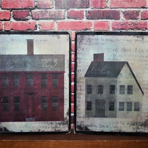 Primitive Saltbox Houses Farmhouse Wooden Tiered Tray Signs Shelf Sitters Set