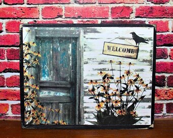 Blackeyed Susans Welcome Sign: Rustic Primitive Wood Shelf Sitter