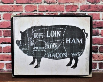 Cuts of Pork Pig Hog Primitive Rustic Farmhouse Barnyard Decor Wooden Sign Block Shelf Sitter Cupboard Tuck Tiered Tray Sign