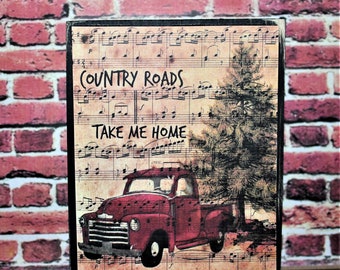 Country Roads Take Me Home Primitive Rustic Farmhouse Wooden Sign Block Shelf Sitter Cupboard Tuck Tiered Tray Decor Tiered Tray Sign