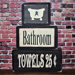 Bathroom Bath Towels 25 Cents Country Primitive Rustic Stacking Blocks Wooden Sign Set Tiered Tray Sign