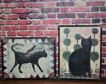 Primitive Cat Prints Farmhouse Wooden Tiered Tray Sign Shelf Sitters Set