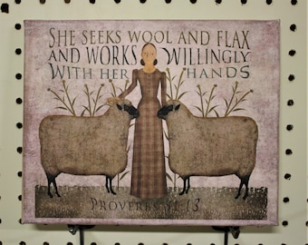 Primitive Proverbs 31:13 Woman Sheep Wool Flax Folk Art Print on 8 X 10 Stretched Canvas Wall Decor