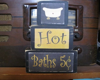 Hot Baths Five Cents Farmhouse Primitive Rustic Stacking Blocks Wooden Sign Set Tiered Tray Sign