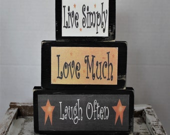 Live Simply Love Much Laugh Often Country Primitive Rustic Stacking Blocks Wooden Sign Set Tiered Tray Sign
