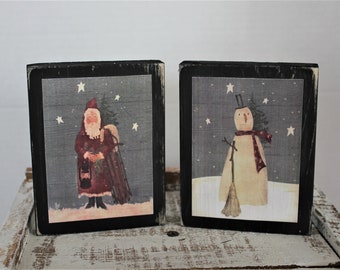 Santa and Snowman Farmhouse Primitive Wooden Tiered Tray Shelf Sitters Set Tiered Tray Sign