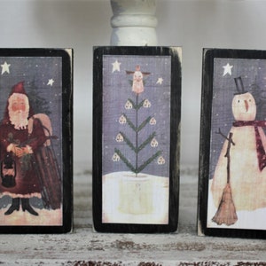 Santa Snowman Christmas Tree Country Primitive Rustic Shelf Sitter Blocks Set Tiered Tray Sign