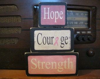 Hope Courage Strength Country Primitive Rustic Stacking Blocks Wooden Sign Set Tiered Tray Sign